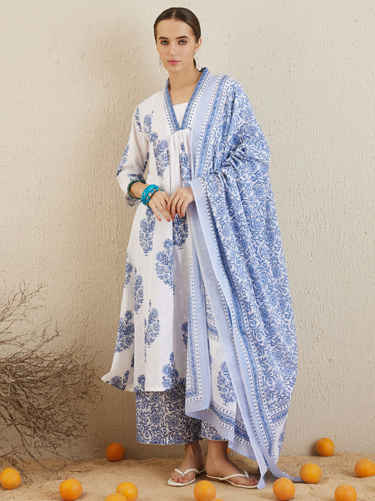 IE White Printed A-Line Kurta Palazzos With Dupatta set