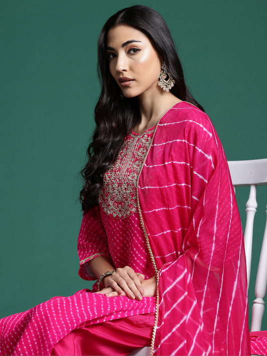 IE Pink Printed Straight Kurta Trousers With Dupatta set