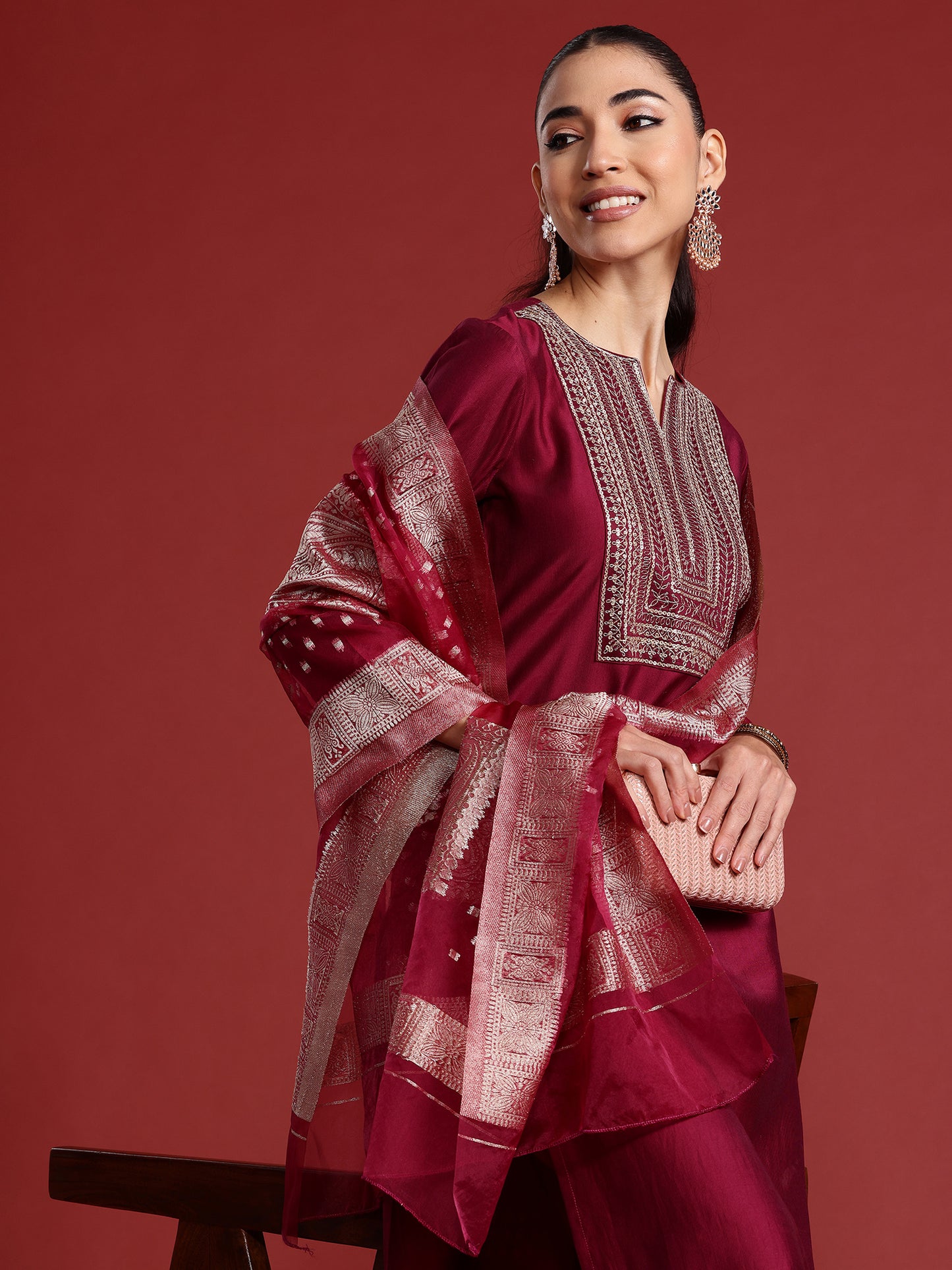 IE Burgundy Embroidered Straight Kurta Trousers With Dupatta Set