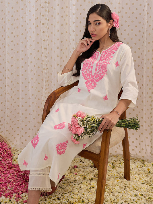 IE White Embroidered Straight Kurtas