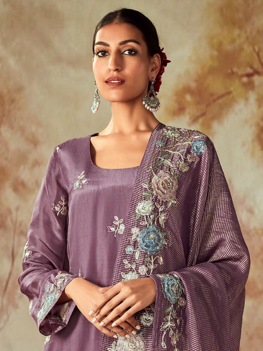 IE Lavender Embroidered Straight Kurta Trousers With Dupatta set