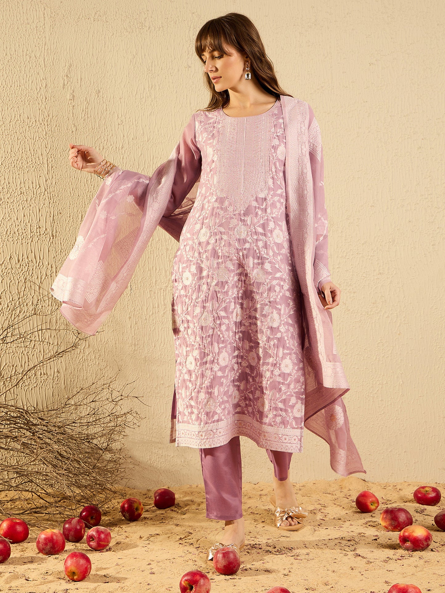 IE Mauve Woven Design Straight Kurta Trousers set