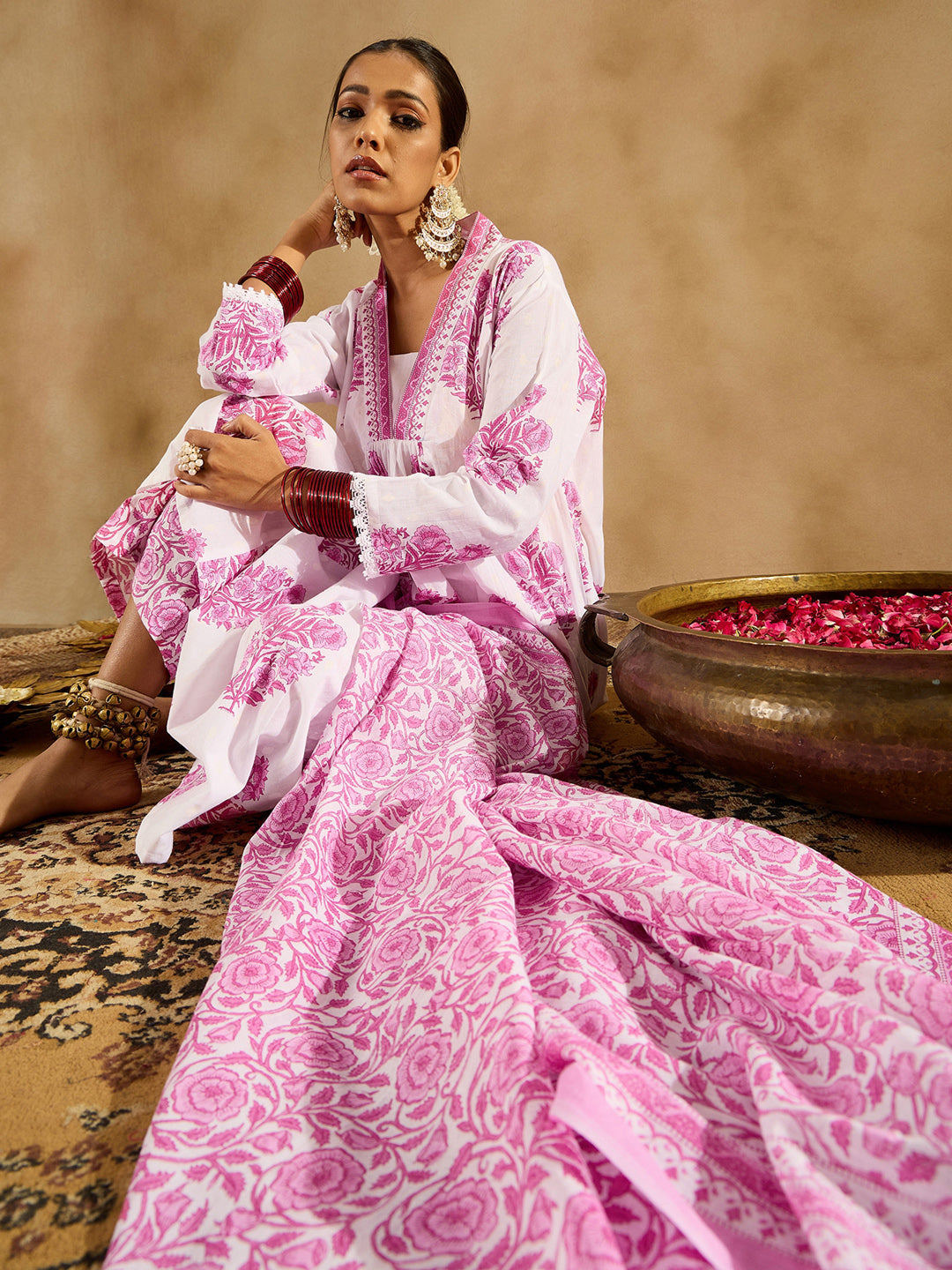 IE White Printed A-Line Kurta Palazzos With Dupatta set