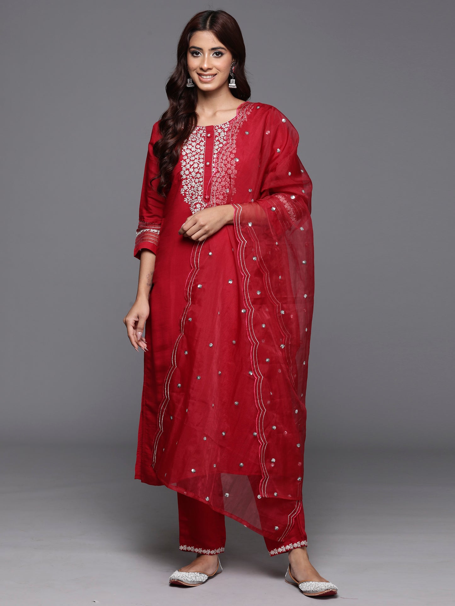 IE Red Embroidered Straight Kurta Trousers With Dupatta Set