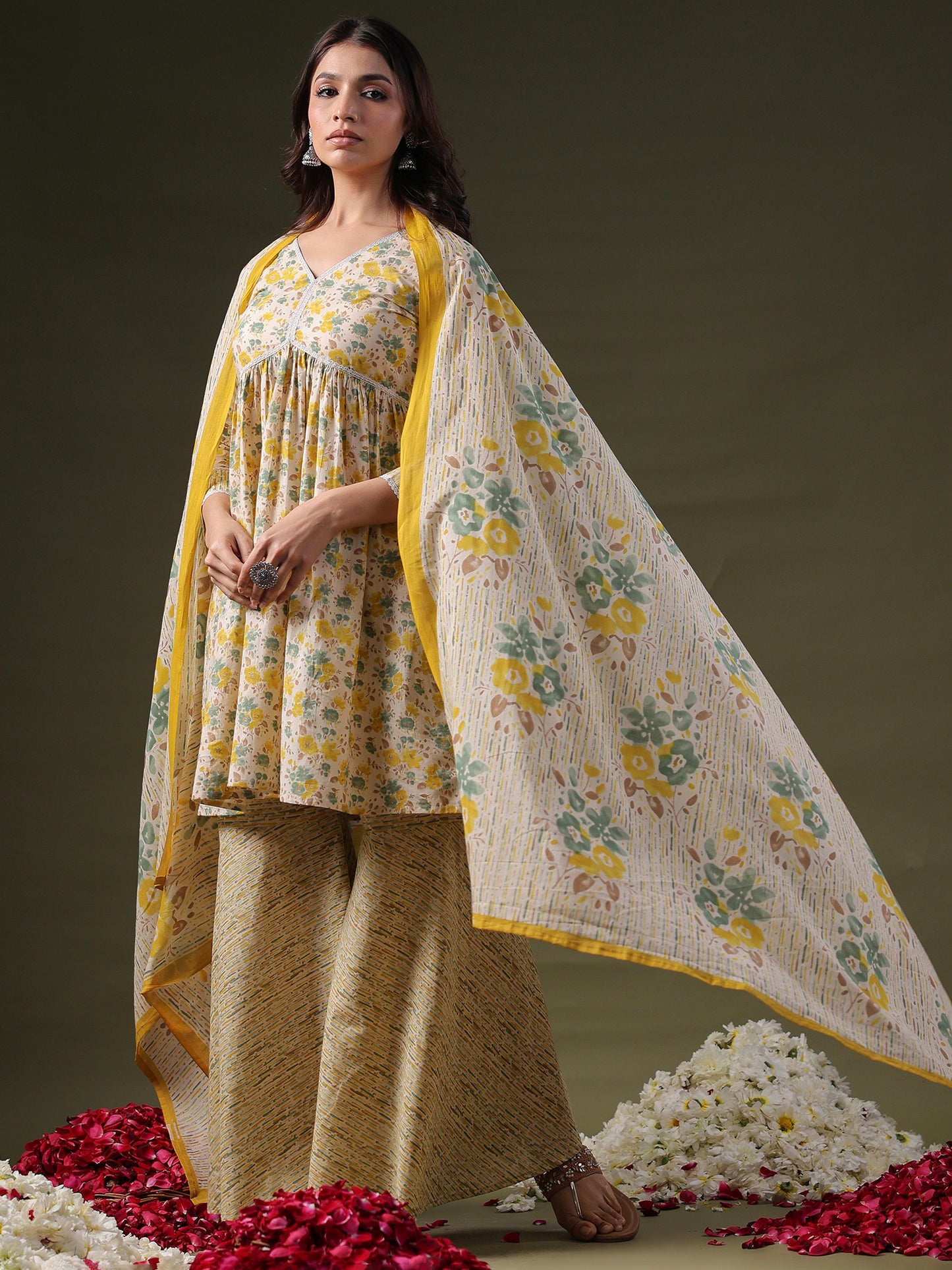 IE Beige Printed A-Line Kurta Sharara With Dupatta set