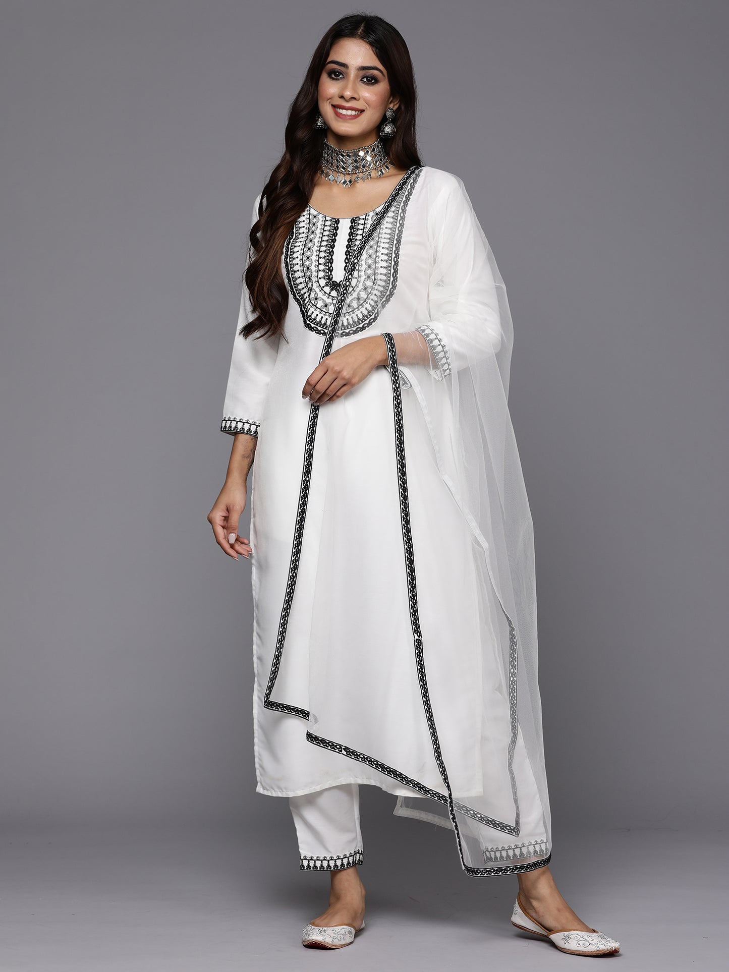 IE White Embroidered Straight Kurta Trousers With Dupatta Set