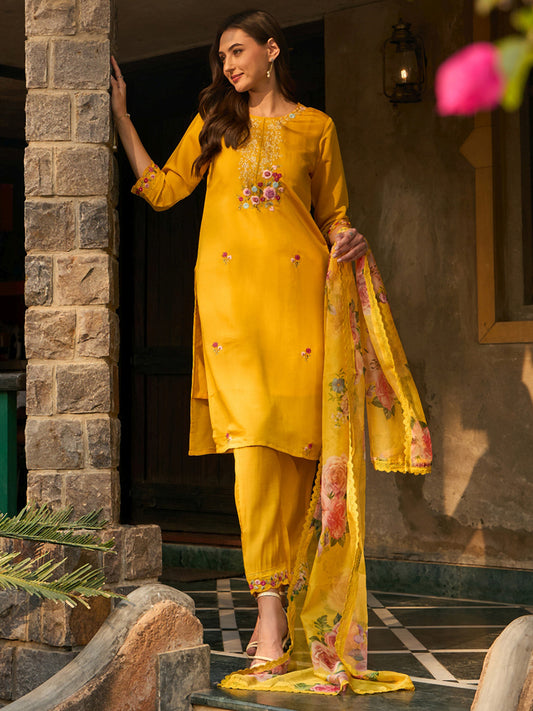 IE Yellow Embroidered Straight Kurta Trousers With Dupatta set