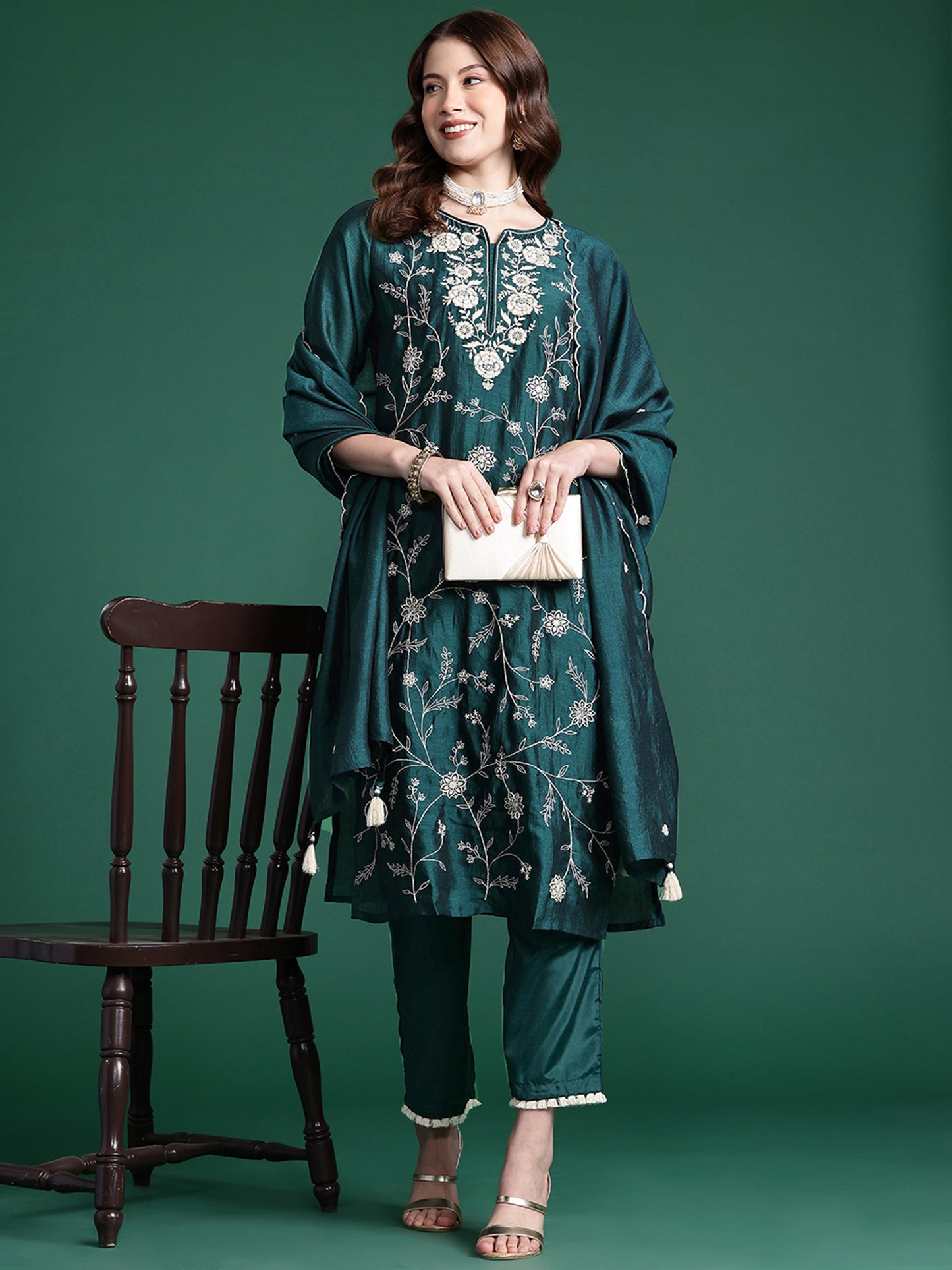 IE Teal Straight Embroidered Kurta Trousers With Dupatta Set