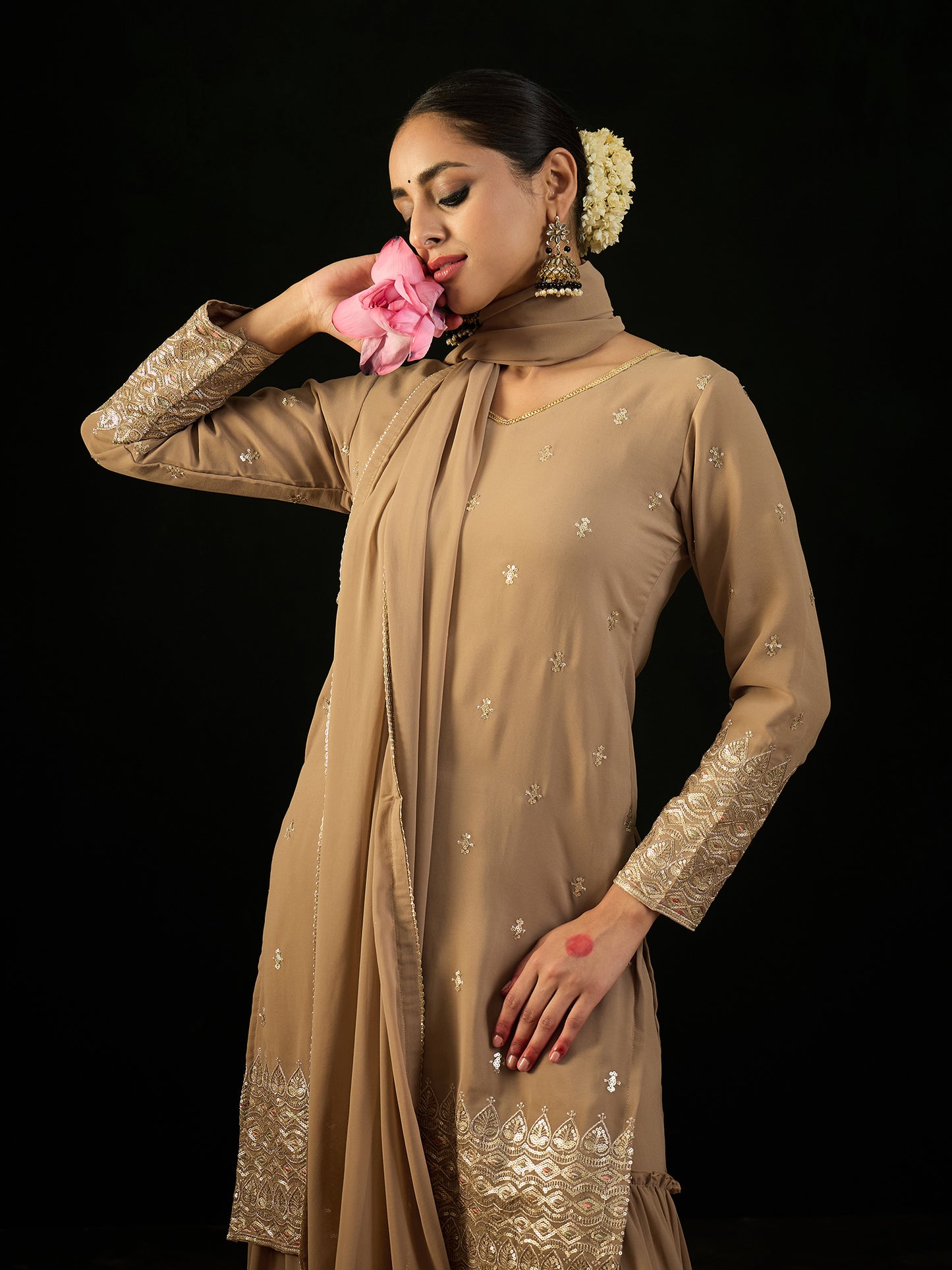 IE Beige Embroidered Straight Kurta Sharara With Dupatta set