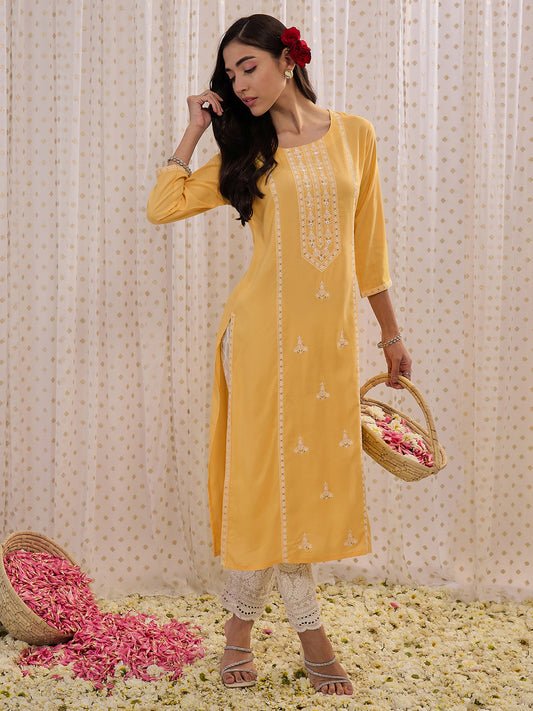 IE Yellow Embroidered Straight Kurtas