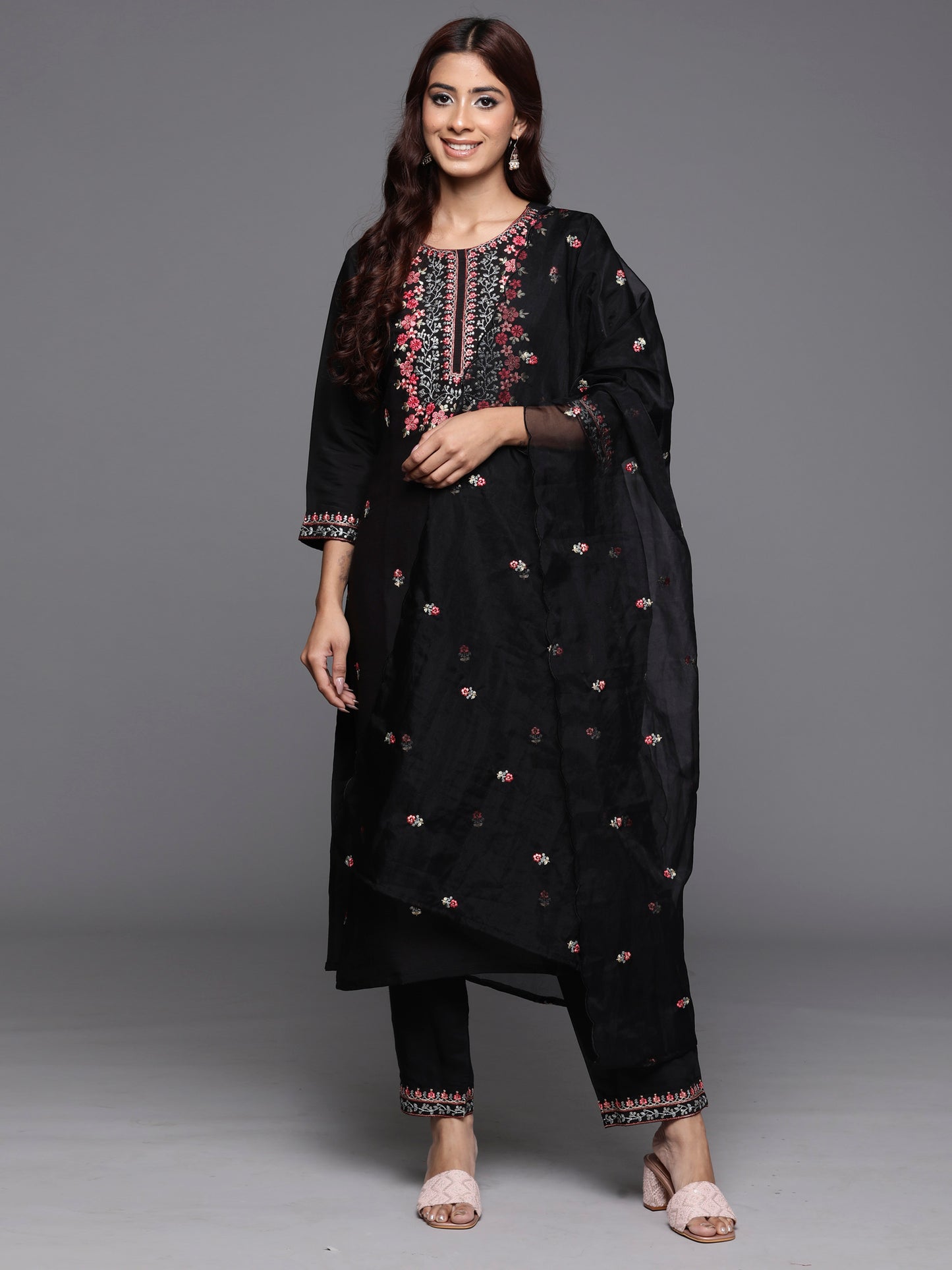 IE Black Embroidered Straight Kurta Trousers With Dupatta Set