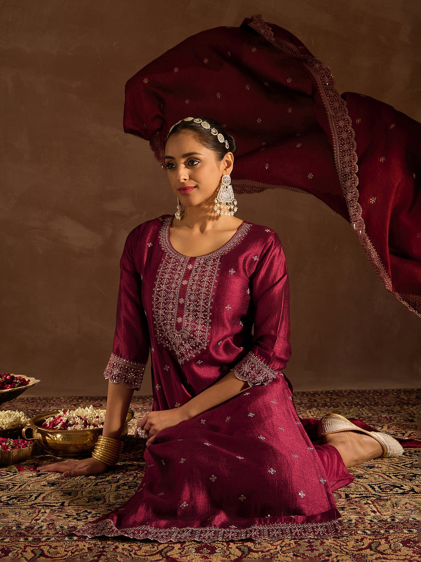 IE Maroon Embroidered Straight Kurta Trousers With Dupatta set