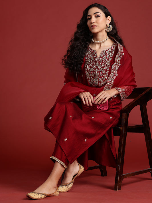 IE Maroon Embroidered Straight Kurta Trousers With Dupatta set