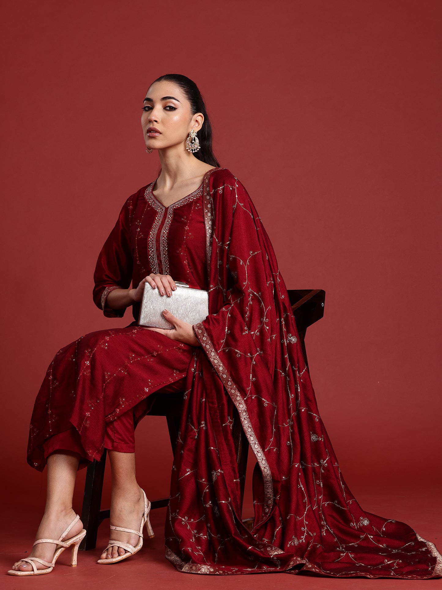 IE Maroon Embroidered Straight Kurta Trousers With Dupatta set