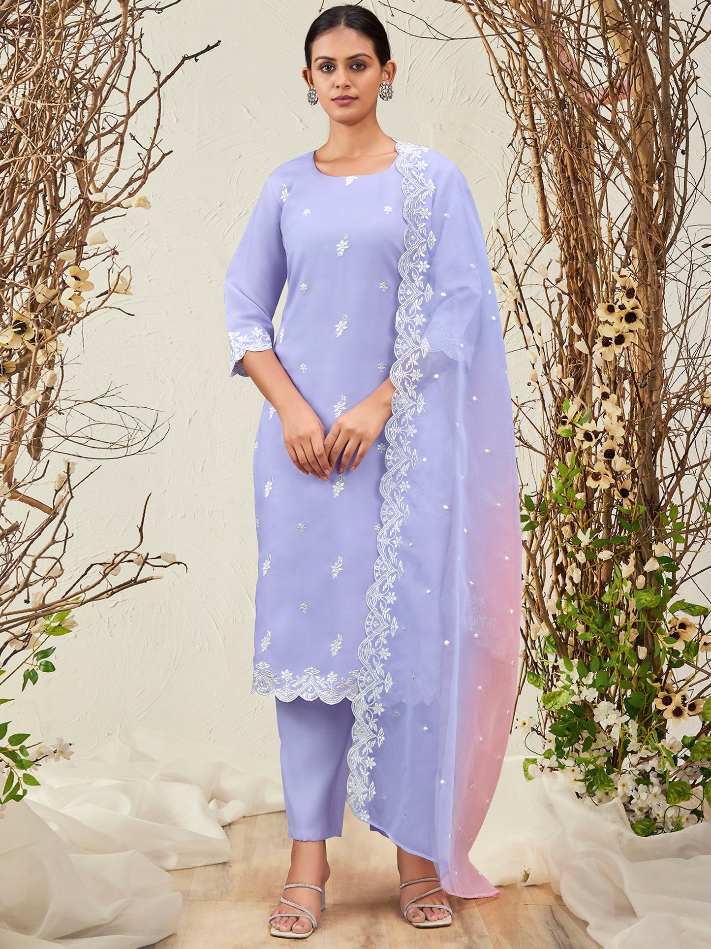 IE Lavender Straight Embroidered Kurta Trousers With Dupatta Set