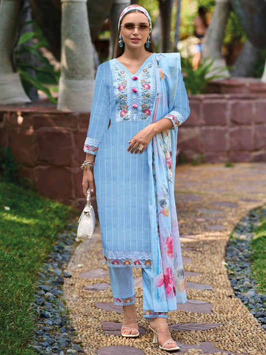 IE Blue Embroidered Straight Kurta Trousers With Dupatta set