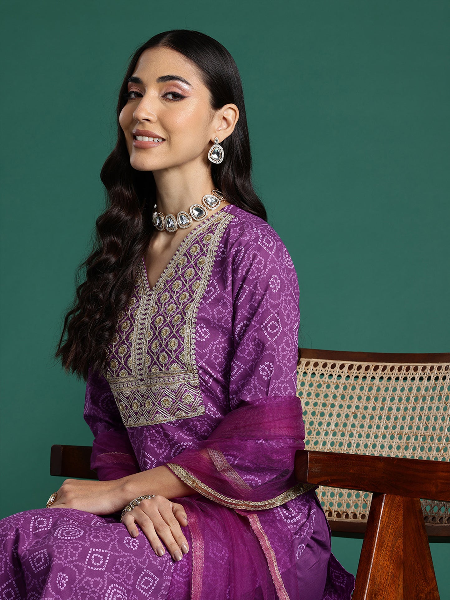 IE Purple Embroidered Straight Kurta Trousers With Dupatta set