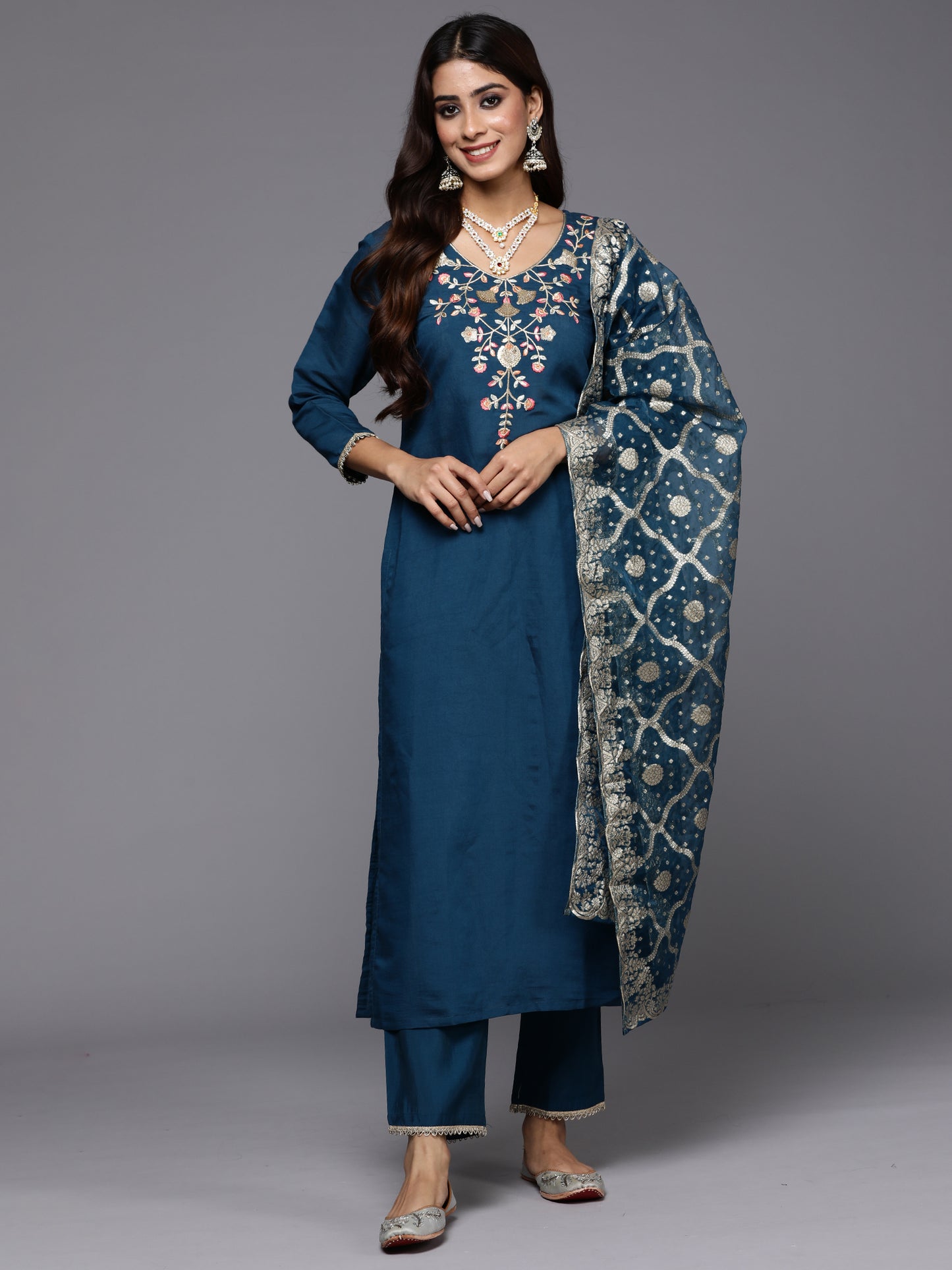 IE Blue Embroidered Straight Kurta Trousers With Dupatta Set