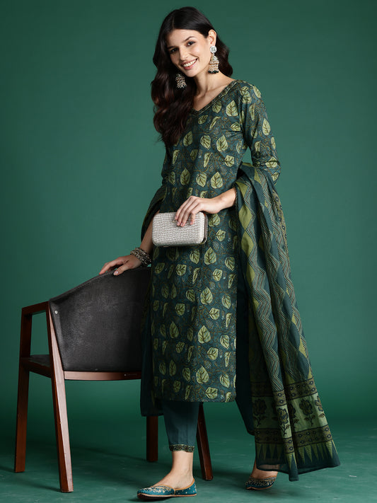 IE Green Printed Straight Kurta Trousers With Dupatta Set