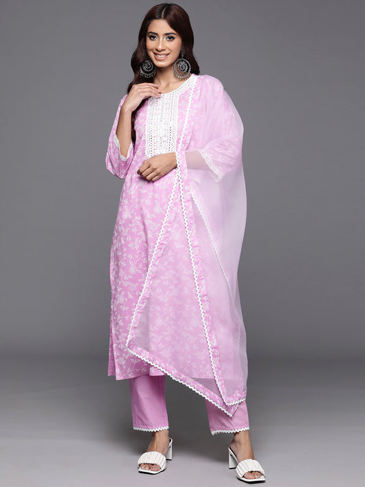 IE Lavender Printed Straight Kurta Trousers With Dupatta Set