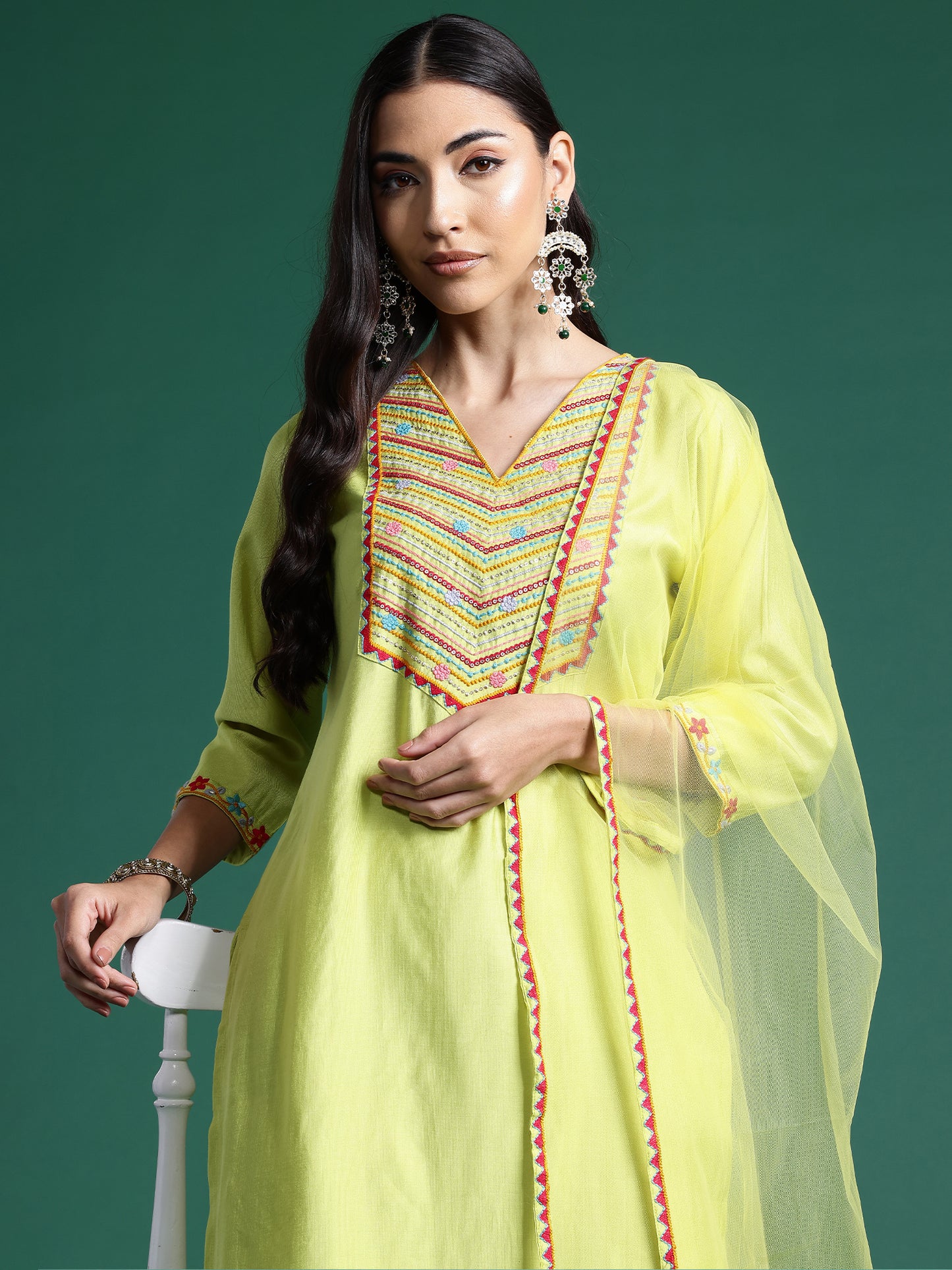 IE Green Embroidered Straight Kurta Trousers With Dupatta  Set