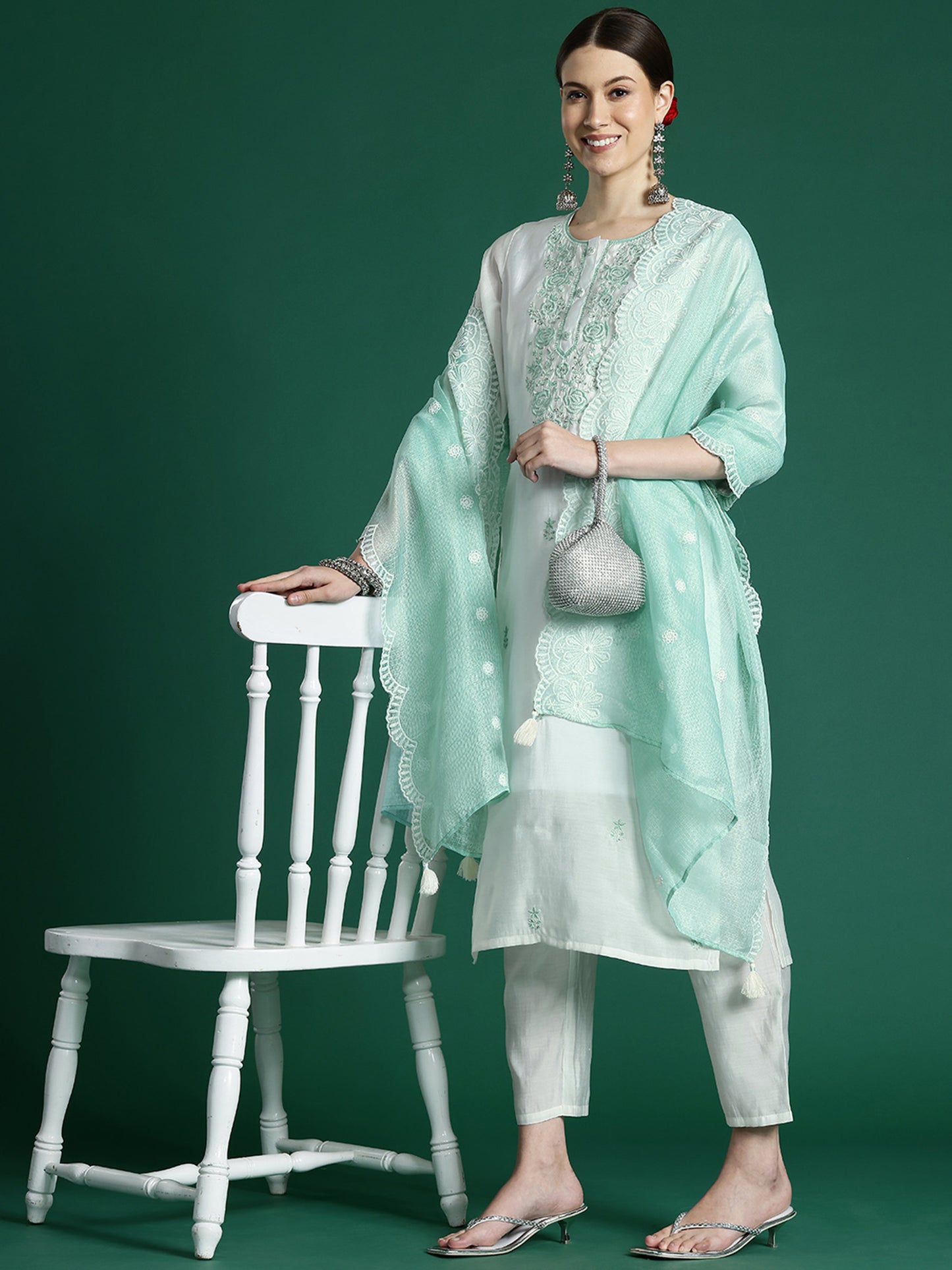 IE White Embroidered Straight Kurta Trousers With Dupatta set