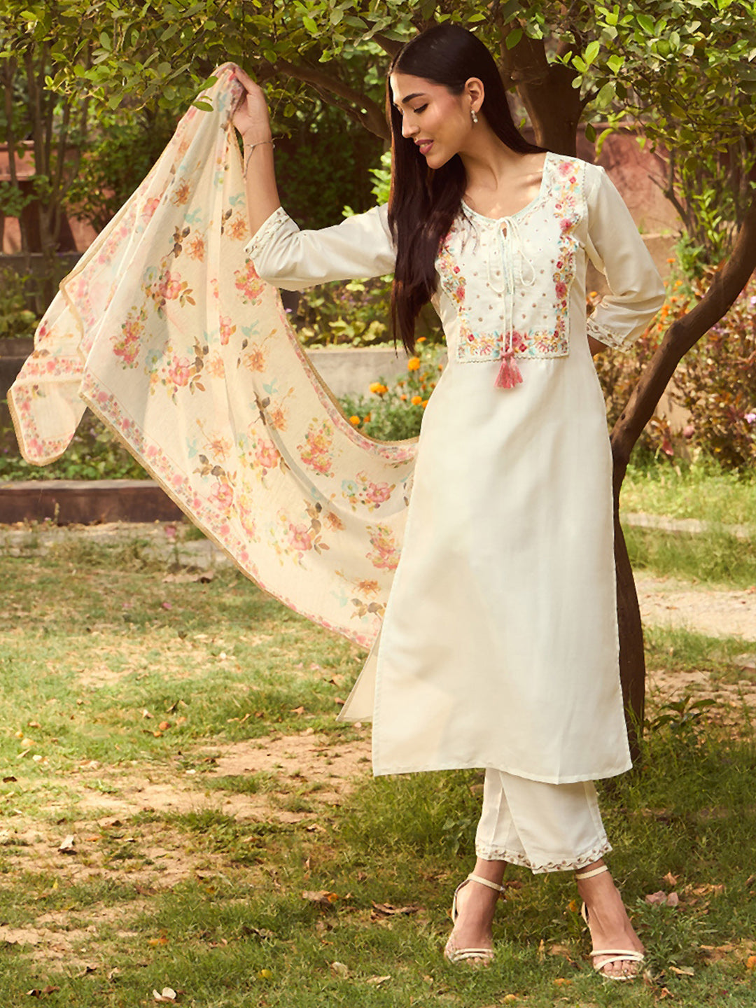 IE White Embroidered Straight Kurta Trousers With Dupatta set