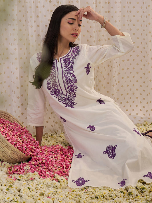 IE White Embroidered Straight Kurtas