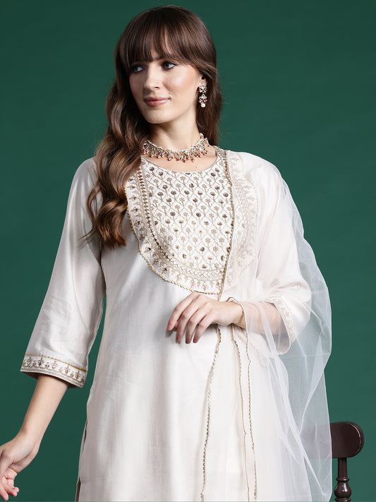 IE Off White Embroidered Straight Kurta Sharara With Dupatta  Set