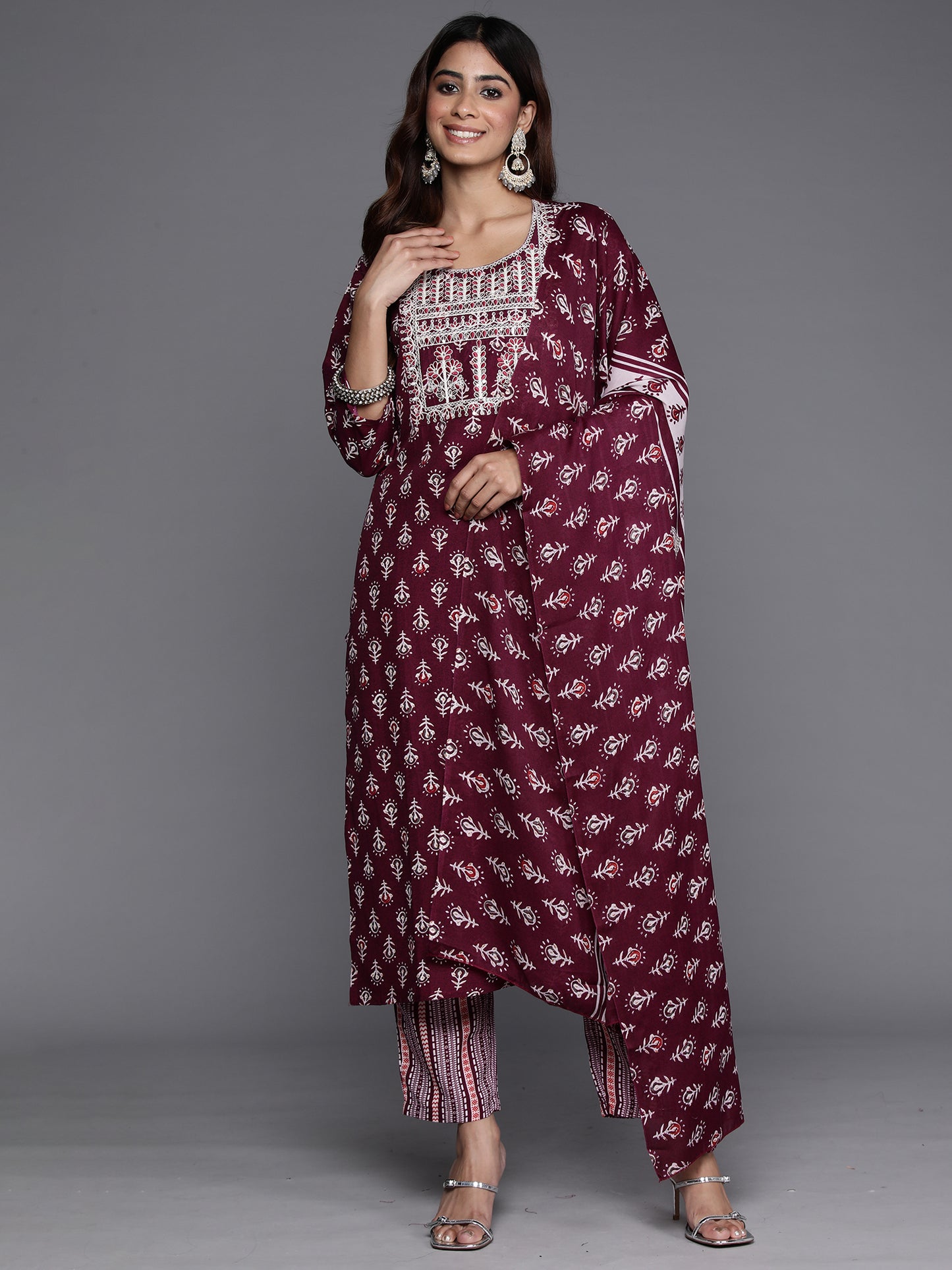 IE Burgundy Printed Straight Kurta Trousers With Dupatta Set