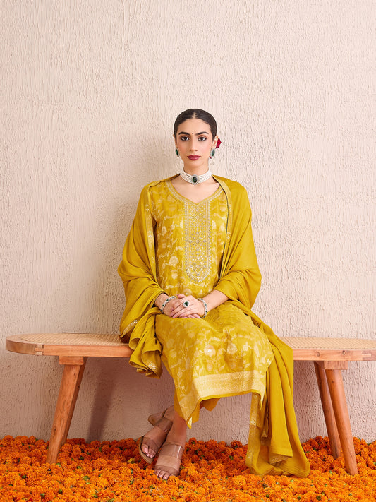 IE Yellow Embroidered Straight Kurta Trousers With Dupatta set