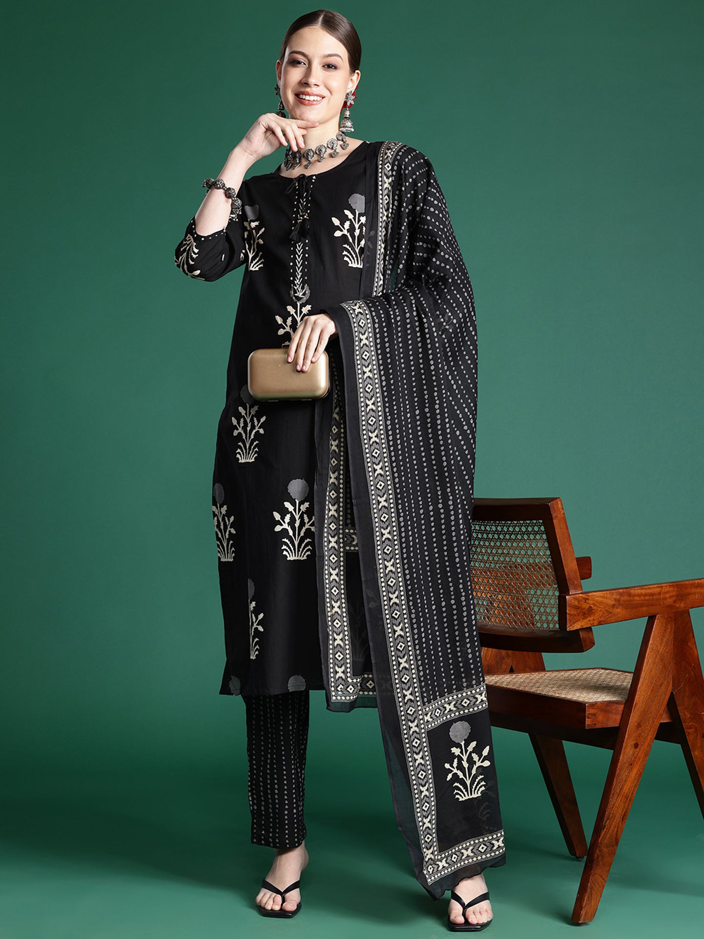 IE Black Printed Straight Kurta Trousers With Dupatta set