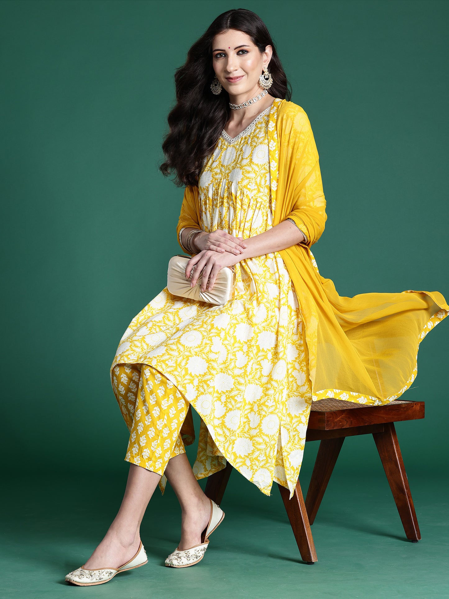 IE Yellow Printed A-Line Kurta Trousers With Dupatta set