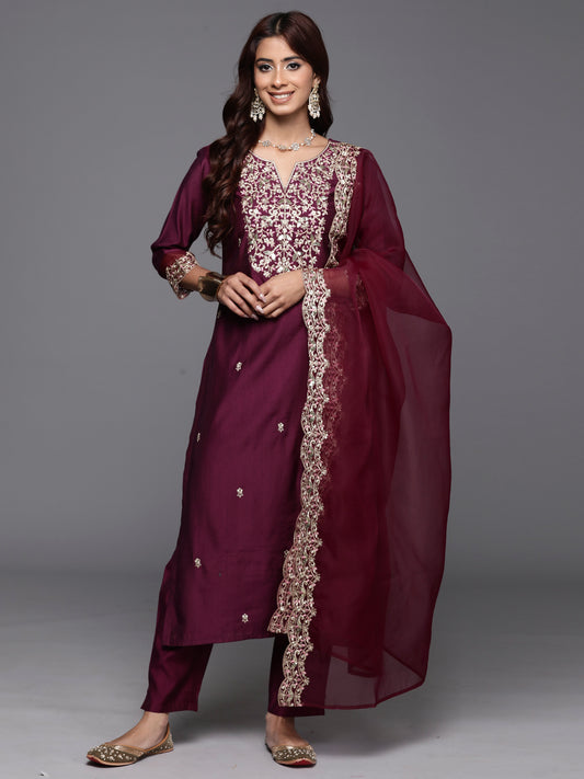 IE Purple Embroidered Straight Kurta Trousers With Dupatta Set