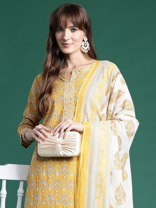 IE Yellow Printed Straight Kurta Salwar With Dupatta set