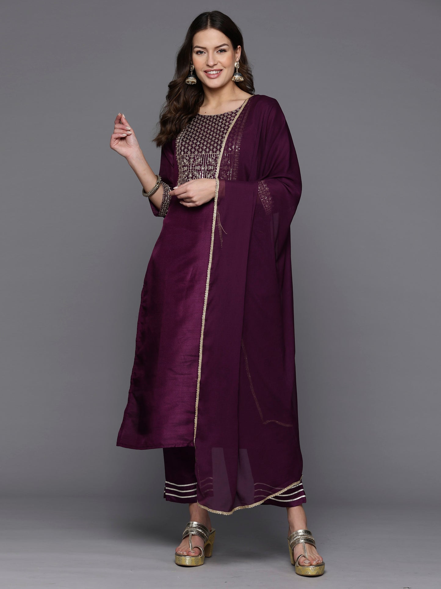 IE Burgundy Embroidered Straight Kurta Trousers With Dupatta Set