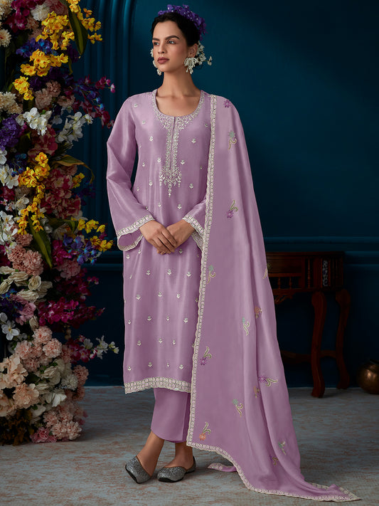 IE Lavender Straight Embroidered Kurta Trousers With Dupatta Set