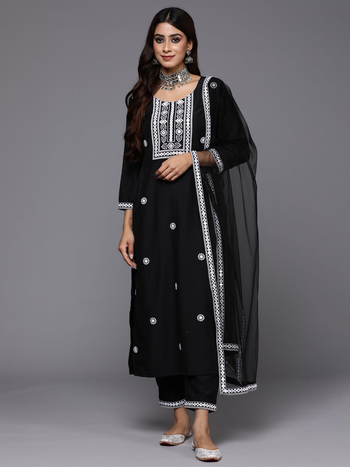 IE Black Embroidered Straight Kurta Trousers With Dupatta Set