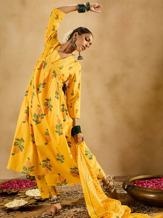 IE Yellow Printed A-Line Kurta Trousers With Dupatta set