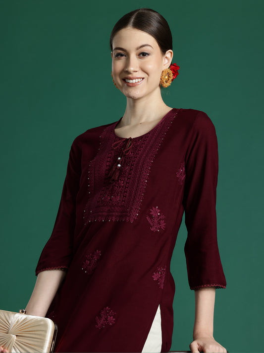 IE Burgundy Embroidered Straight Kurtas