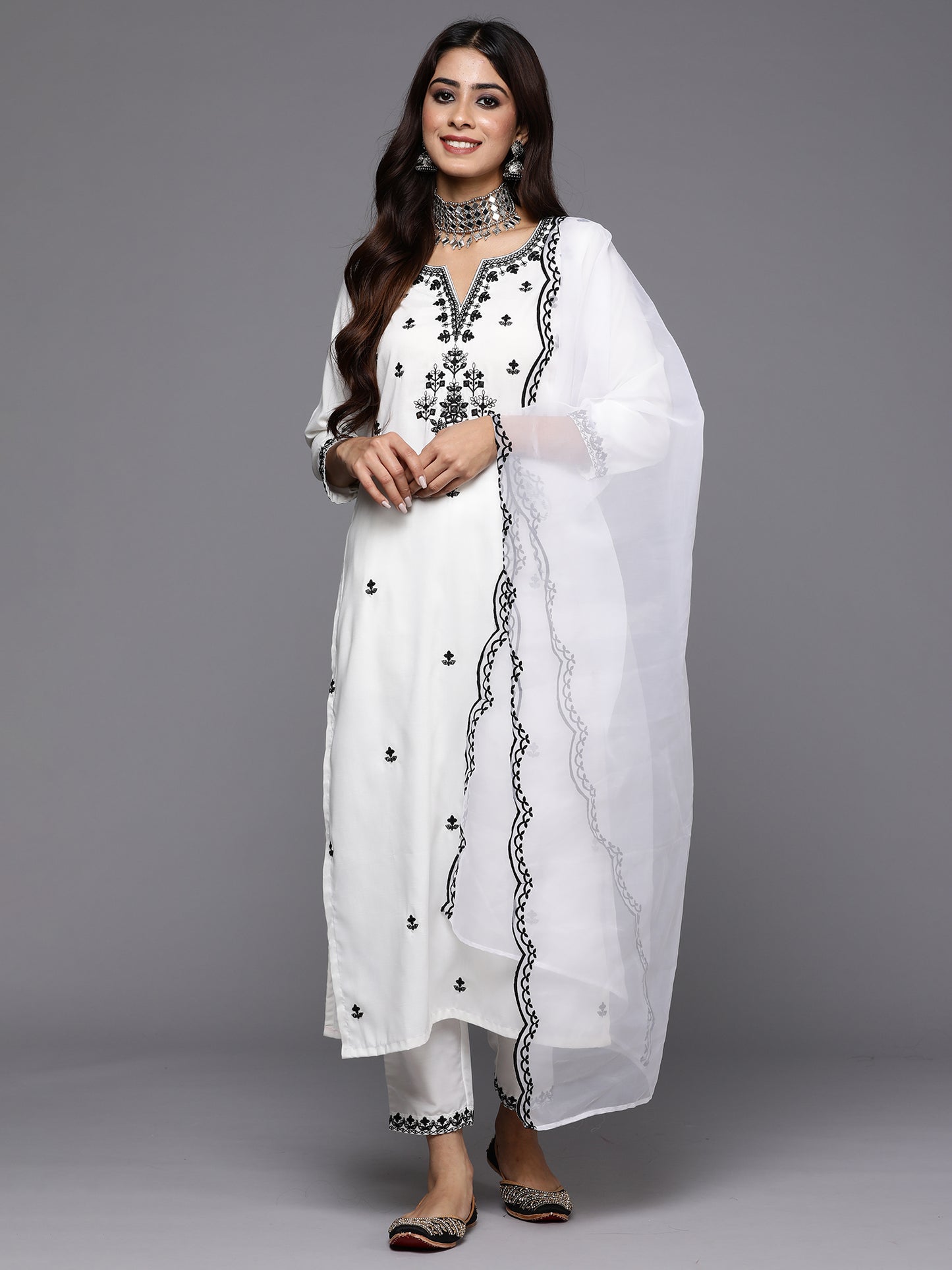 IE White Embroidered Straight Kurta Trousers With Dupatta Set