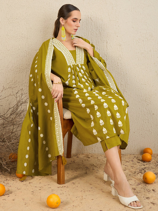 IE Green Embroidered A-Line Kurta Trousers With Dupatta set