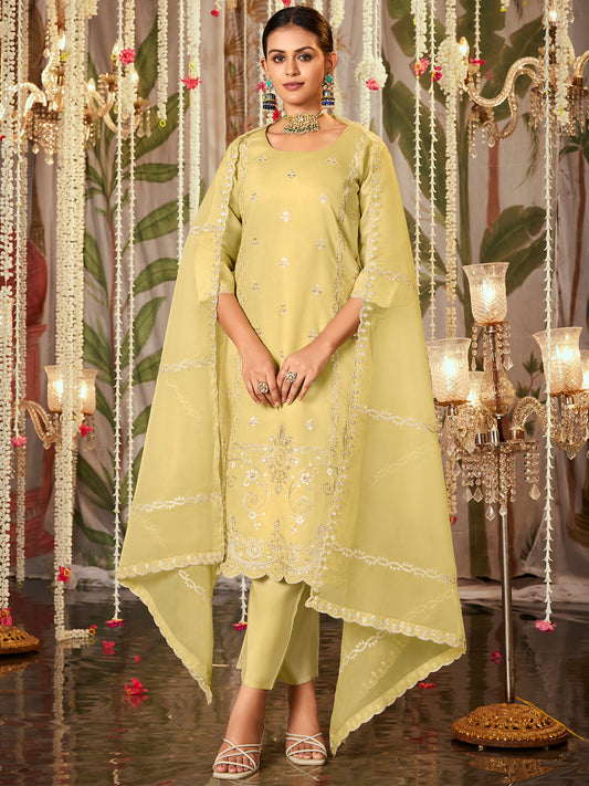 IE Yellow Straight Embroidered Kurta Trousers With Dupatta Set