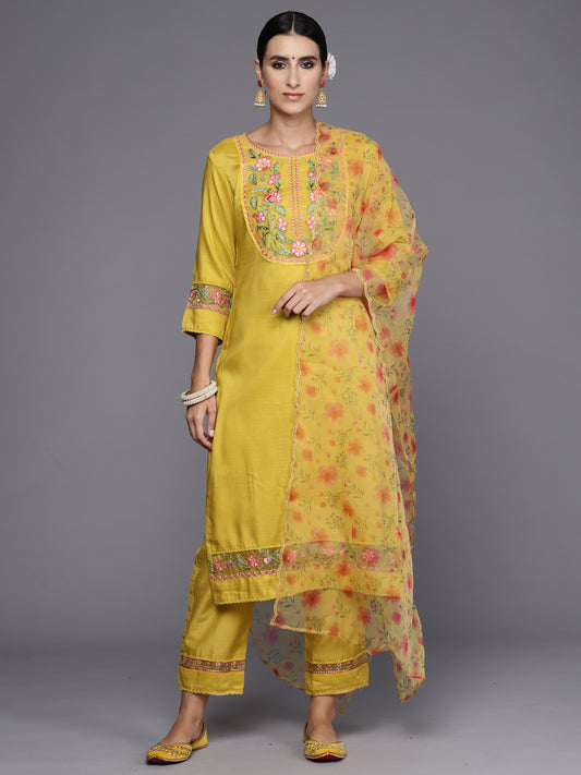 IE Yellow Embroidered Straight Kurta Trousers With Dupatta Set