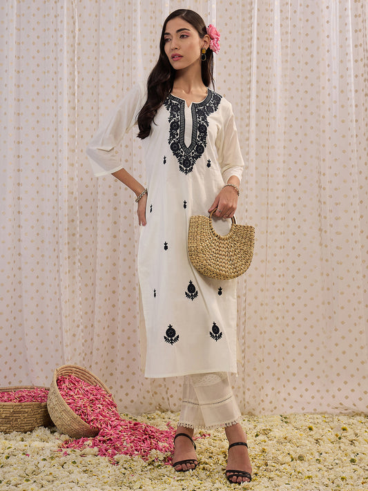 IE White Embroidered Straight Kurtas