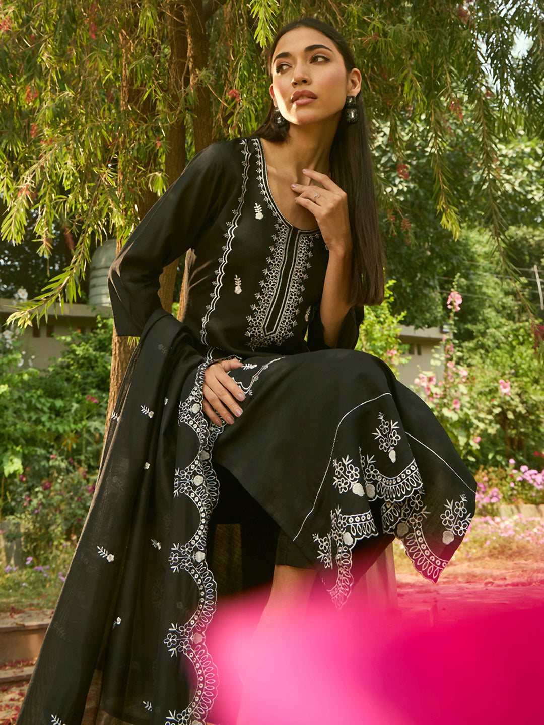 IE Black Embroidered Straight Kurta Trousers With Dupatta set