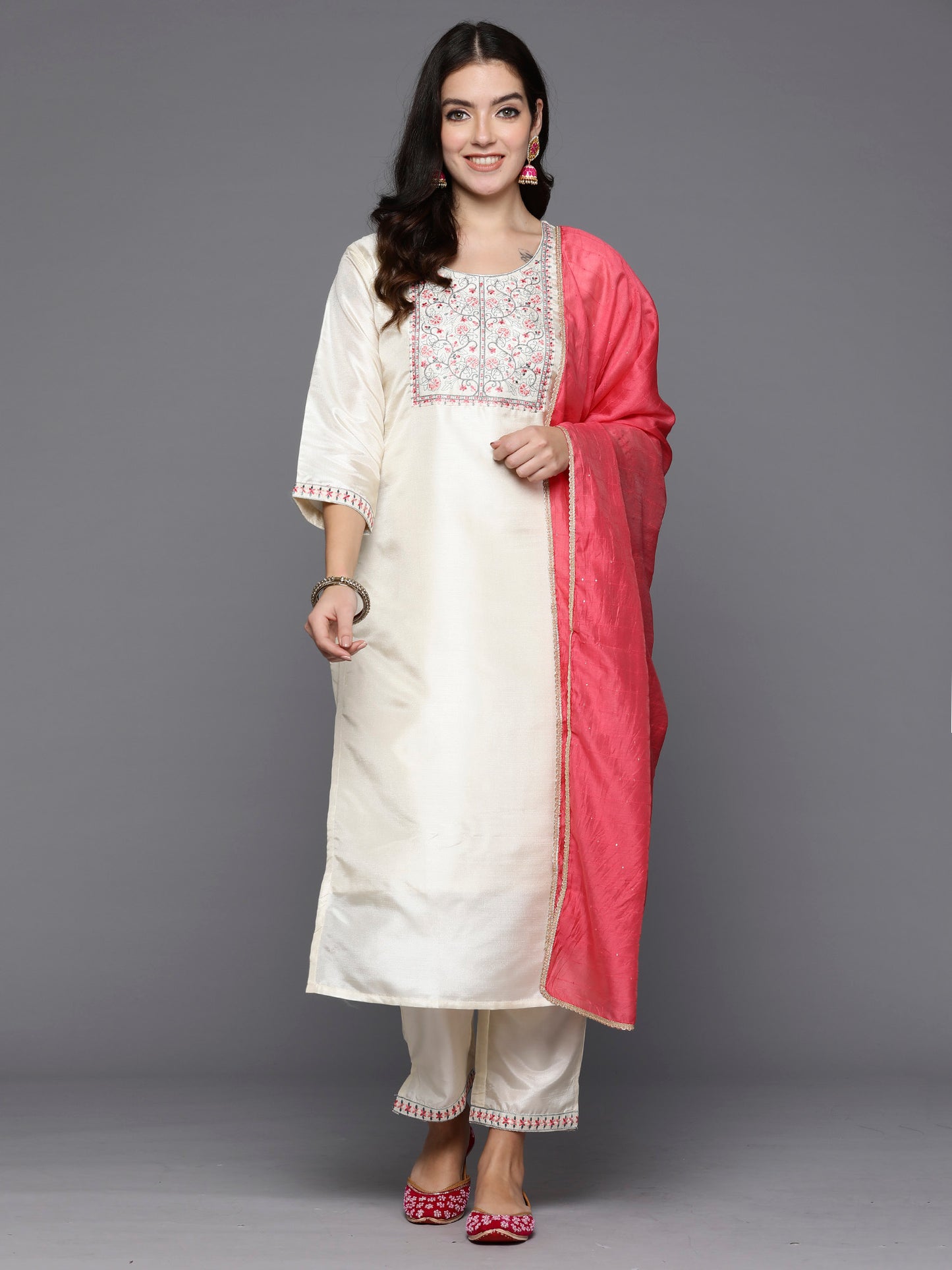 IE Cream Embroidered Straight Kurta Trousers With Dupatta Set