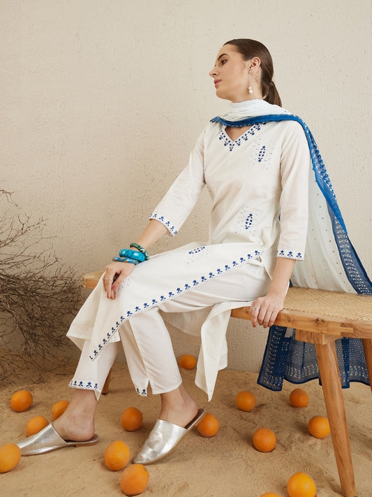 IE Off White Embroidered Straight Kurta Trousers With Dupatta set