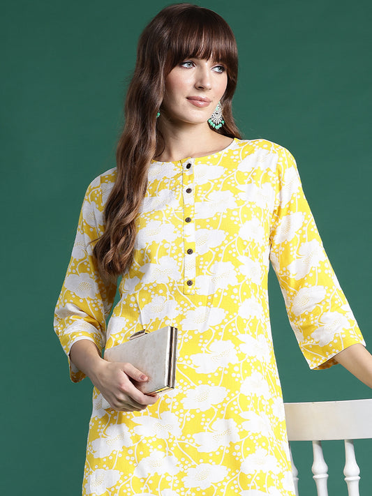 IE Yellow Printed Straight Kurtas