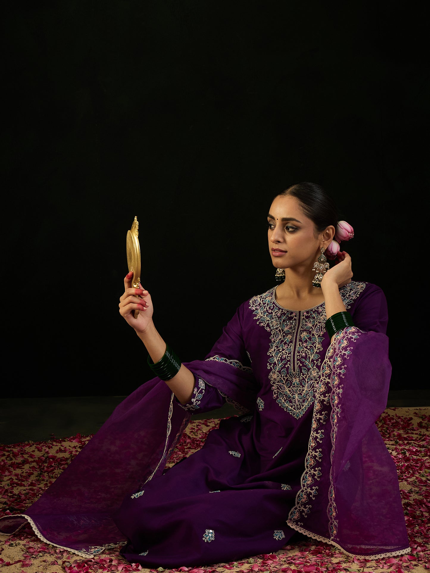 IE Purple Embroidered Straight Kurta Trousers With Dupatta set